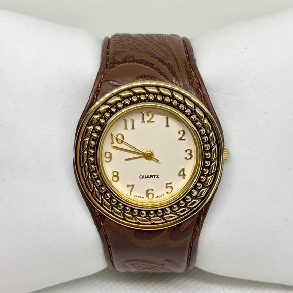 Avon women gold brown tone watch 33mm round case quartz cuff bangle running - Picture 1 of 7